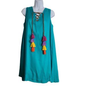 Judith March Teal Blue Self Tie Crisscross Strap Sleeveless Dress Small 1003